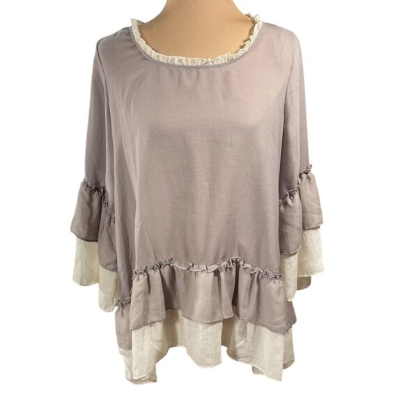 New Easel Ruffle Trim Top Blouse Taupe Cream S Small Tiered Hem - Picture 1 of 6